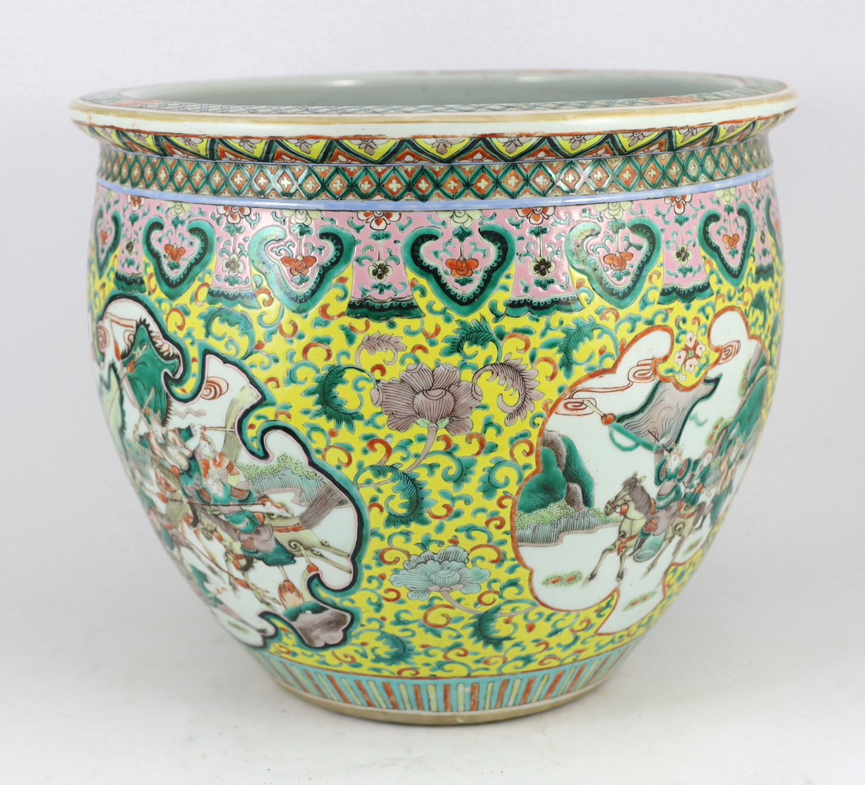 A Chinese enamelled porcelain goldfish bowl, late 19th century, 42cm diameter 35cm high, several short hairline cracks to the body